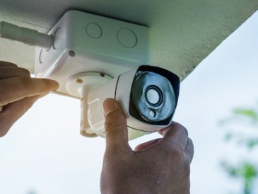 hands holding outdoor security camera